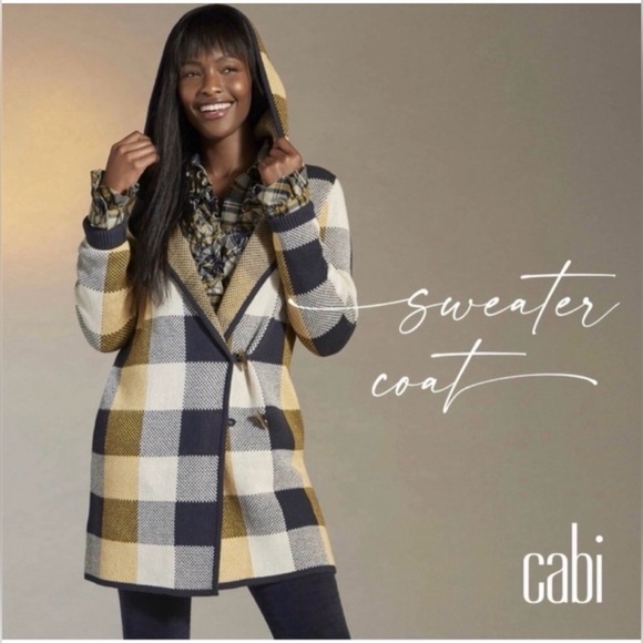 Cabi Plaid Sweater Coat # 4229 Yellow Blue  Ivory Size small
